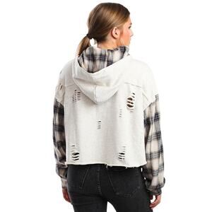 Dance & Marvel Plaid Jacket M Gray Tan Knit Hoodie Hooded Distressed Grunge NWT